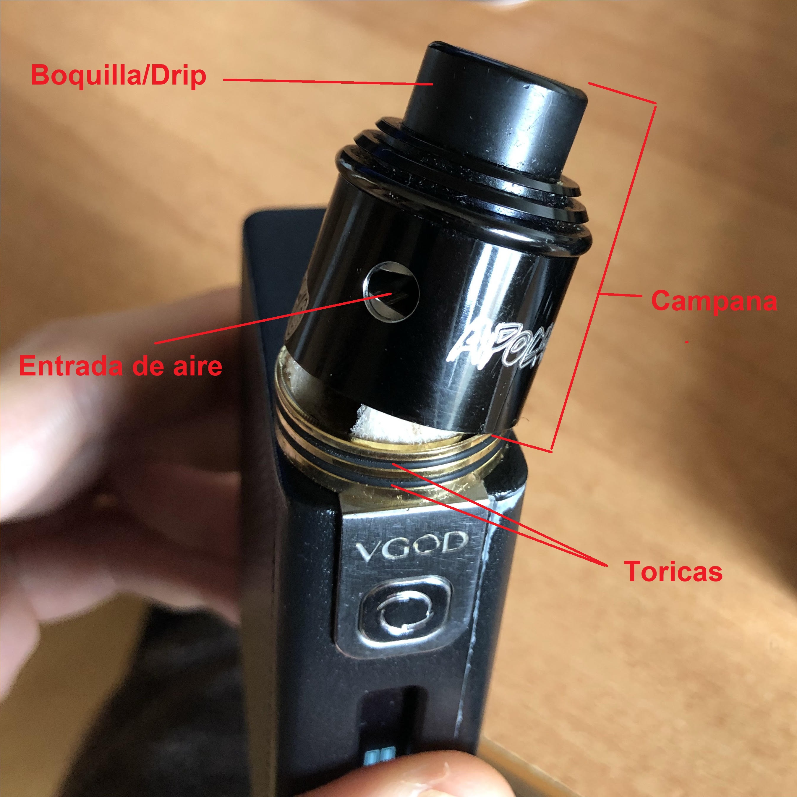 4ra imagen del Mod del cigarrillo electrónico, pin positivo y pin negativo